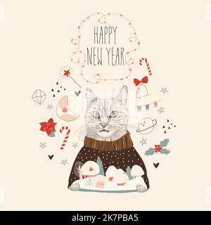 Carino gatto che tiene Snowing Village. Cartolina di Natale Illustrazione Vettoriale