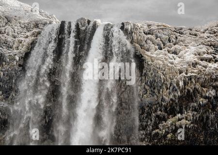 Cascata, ghiaccioli e neve fresca, Seljalandsfoss, Islanda Foto Stock