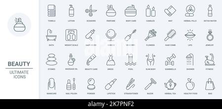 Bellezza pelle e cura dei capelli, trucco cosmetici e igiene icone linea sottile set vettore illustrazione. Contorno massaggio con olio per il relax del corpo nel salone termale, terapia disintossicante alle erbe e manicure, fitness sano Illustrazione Vettoriale