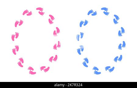 Cornici ovali con footprint per ragazzo e ragazza. Modello per l'acquazzone del bambino, la rivelazione di sesso, l'invito o il biglietto di benvenuto della festa di benvenuto della gravidanza o del neonato, la foto, l'immagine, il banner. Illustrazione piatta vettoriale Illustrazione Vettoriale