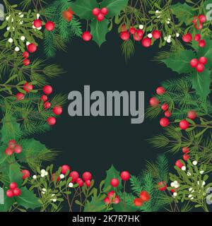 Allegro Natale e inverno carte quadrate acquerello collezione. Bouquet di frutti di bosco e di pino. Piazza alla moda Vacanze invernali. Foto Stock