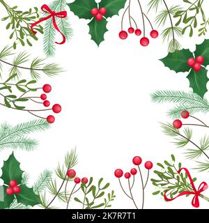 Allegro Natale e inverno carte quadrate acquerello collezione. Bouquet di frutti di bosco e di pino. Piazza alla moda Vacanze invernali. Foto Stock