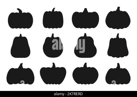 Set di icone piatte di zucche con silhouette nera. Kit per i segni di Halloween. Raccolta di pittogrammi di ringraziamento, raccolta di verdure di zucca di primo piano. Semplice icona del contorno del cartone animato di zucca isolato su bianco Illustrazione Vettoriale