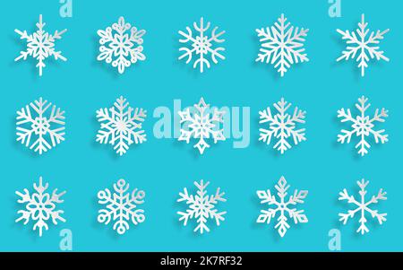Set di icone linea di taglio carta fiocco di neve. Buon Natale e Capodanno biglietto di auguri banner ornato decorazione innevata. Inverno ghiaccio stella fiocchi di neve. Natale vacanza gelido cristallo simbolo ornamentale Illustrazione Vettoriale