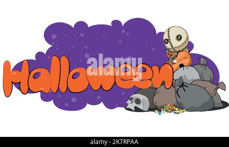 Banner di Halloween felice o sfondo invito festa con nuvole e zucche notte. Illustrazione vettoriale. Luna piena nel cielo, ragni e pipistrelli volanti. Posiziona per testo Illustrazione Vettoriale