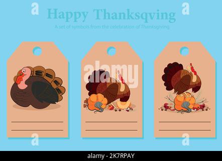 Collezione di etichette regalo di ringraziamento con scritte, tacchino, zucche, foglie autunnali, cappello da pellegrino Illustrazione Vettoriale