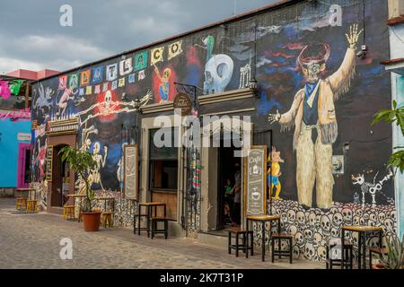 Molte case sono dipinte con murales colorati, qui con scheletri, nel Barrio de Jalatlaco, nella città di Oaxaca, Messico. Foto Stock