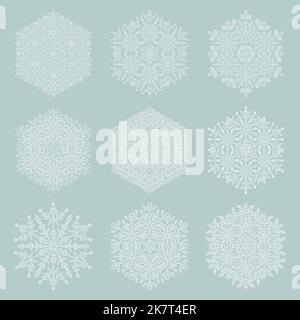 Set di fiocchi di neve. Decorazioni invernali in azzurro e bianco. Collezione di fiocchi di neve. Fiocchi di neve per sfondi e disegni Foto Stock