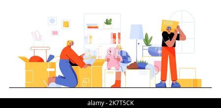 Famiglia felice che si sposta in casa nuova, la gente trasferimento. I personaggi della madre, del padre e del bambino disimballano e trasportano le scatole con le cose nella stanza domestica. Persone che acquistano appartamenti, lineare vettore illustrazione Illustrazione Vettoriale