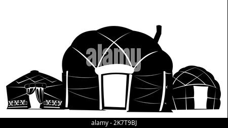 Yurt in tundra. Design di silhouette. Dimora di popolazioni nomadi settentrionali nell'Artico. Da feltro e pelli. Isolato su sfondo bianco. Vec. Illustrazione Illustrazione Vettoriale