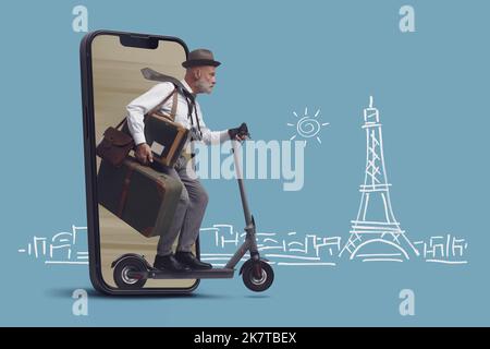 Viaggiatore internazionale in stile vintage e turista in sella a uno scooter elettronico, esce dallo schermo di uno smartphone, schizzo di destinazione di viaggio sul retro Foto Stock