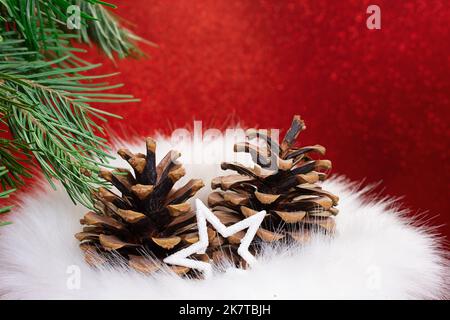 Due coni marroni in pelliccia con abete dietro fondo rosso lucido. Natale, Capodanno. Spazio di copia Foto Stock