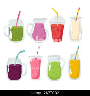 Set colorato di frullati. Superoods e salute o disintossicazione dieta alimentare concetto in stile schizzo. Illustrazione Vettoriale