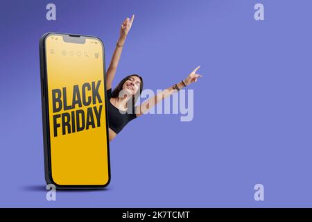 Annuncio di vendita del Black Friday su smartphone e cliente felice festeggia con le braccia sollevate Foto Stock