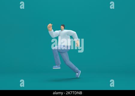 personaggio cartoon che indossa una camicia a manica lunga bianca jeans. 3d illustratore in recitazione. Sta correndo. Foto Stock