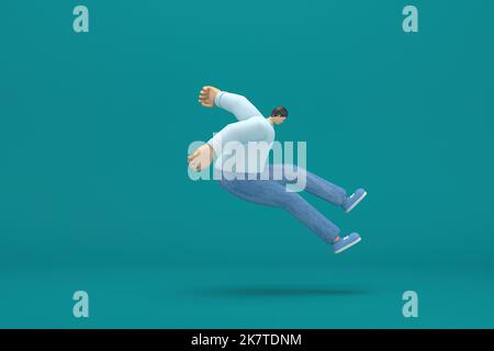personaggio cartoon che indossa una camicia a manica lunga bianca jeans. 3d illustratore in recitazione. Sta saltando. Foto Stock