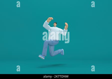 personaggio cartoon che indossa una camicia a manica lunga bianca jeans. 3d illustratore in recitazione. Sta correndo. Foto Stock