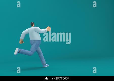 personaggio cartoon che indossa una camicia a manica lunga bianca jeans. 3d illustratore in recitazione. Sta correndo. Foto Stock