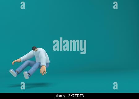 personaggio cartoon che indossa una camicia a manica lunga bianca jeans. 3d illustratore in recitazione. Sta saltando. Foto Stock