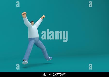 personaggio cartoon che indossa una camicia a manica lunga bianca jeans. 3d illustratore in recitazione. Sta saltando. Foto Stock