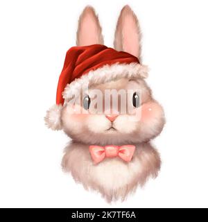 Coniglietto carino in cappello di Santa. Illustrazione di Natale su sfondo bianco Foto Stock