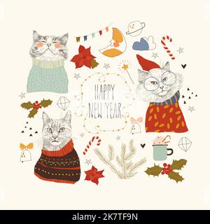 Bel set di Natale con gatti carino che indossano maglioni invernali Illustrazione Vettoriale