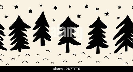 Senza cuciture vettore bordo doodle abete alberi di Natale. Disegno a mano ripetizione Natale modello orizzontale. Texture inchiostro Vector festive per piè di pagina, intestazione Illustrazione Vettoriale