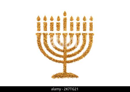 Menorah dorata fatta di glitter isolato su illustrazione grafica bianca Foto Stock
