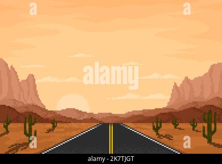 Strada nel deserto 8bit pixel paesaggio di gioco. Indie pixel gioco deserto carta da parati strada schermo, gioco retrò Arizona viaggio sfondo vettoriale, 8bit arcade paesaggio autostradale con canyon, cactus e tramonto Illustrazione Vettoriale