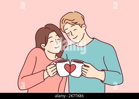 Felice coppia che abbraccia bere caffè da tazze amanti. Sorridente abbraccio uomo e donna gustare il tè del mattino da carine tazze. Illustrazione vettoriale. Illustrazione Vettoriale