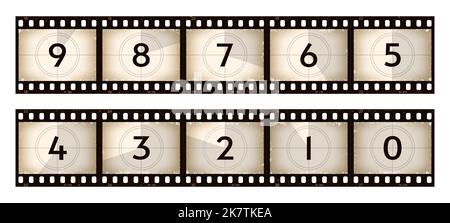 Conto alla rovescia film vecchia striscia di grunge film. Sfondo retro del timer di avvio dell'animazione, sequenza vettoriale negativa del fotogramma del nastro con conto alla rovescia del filmato. Video Vintage clip tempo conto alla rovescia striscia di pellicola Illustrazione Vettoriale