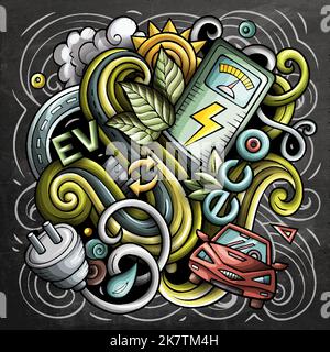 Disegno del doodle vettoriale del cartone animato delle automobili elettriche Illustrazione Vettoriale