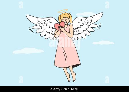 La ragazza vola nel cielo abbracciando il cuore, sorridendo. Angelo gioioso con le ali, l'alone vola in cielo, dona speranza, amore, consolazione, pace, guarigione, cura. Beneficenza, benefazione, volontariato concetto vettore. Illustrazione Vettoriale