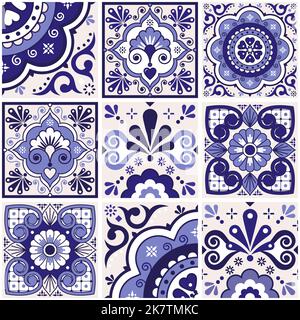 Piastrelle talavera messicane vettore senza cuciture motivo blu navy con fiori foglie, cuori e vortici - grande set, design ripetitivo in stile messicano ornamento Illustrazione Vettoriale