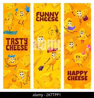Cartoni animati gouda, personaggi del formaggio maasdam e divertenti pezzi di formaggio, banner vettoriali. Felici e simpatici personaggi del formaggio che celebrano una festa di compleanno, giocando a giochi sportivi o viaggiando in vacanza estiva Illustrazione Vettoriale