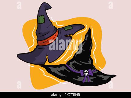 Cappello nero di strega di Halloween. Cappello con patch e nastro viola con cranio. Foto Stock