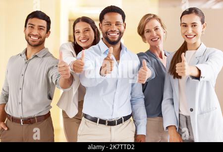 Il successo è un accumulo dei vostri sforzi quotidiani. Ritratto di un gruppo eterogeneo di uomini d'affari che mostra i pollici insieme in un ufficio. Foto Stock