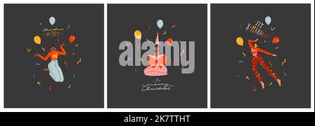 Grafica astratta grafica vettoriale disegnata a mano buon Natale e felice anno nuovo illustrazione di persone characters.People in costumi carte set.Merry Natale Illustrazione Vettoriale