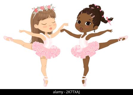 Due ragazze multiculturali che ballano. Ballerina Girl Dancing. African American Child Wear Pink Tutu Illustrazione Vettoriale