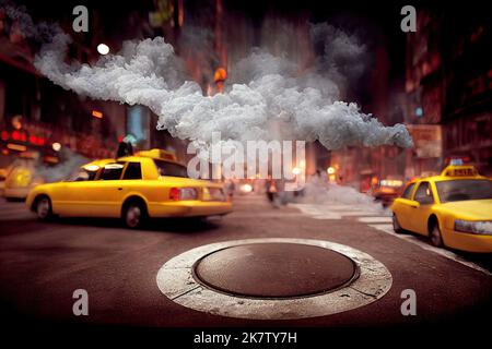 Luci di Times Square degli spettacoli di Broadway, strada cittadina di notte con un taxi locale e una buca fumante di Manhattan a New York, Stati Uniti. Sfocato Foto Stock