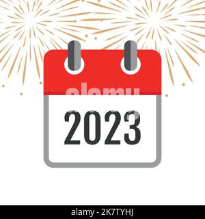 calendario rosso 2023 nuovo anno fuochi d'artificio sfondo bianco Illustrazione Vettoriale