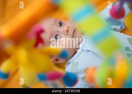 Bambino che gioca sulla palestra colorata gioco Foto Stock