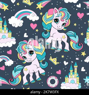 Modello senza cuciture con simpatici unicorni, castelli, dolci e arcobaleno su sfondo blu. Illustrazione vettoriale per partito, stampa, acquazzone del bambino, carta da parati, de Illustrazione Vettoriale