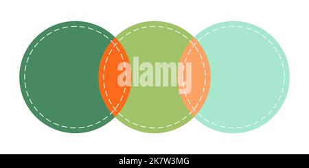 Venn diagramma 3 cerchio i fila con trattino grafico segno infografico. Illustrazione Vettoriale