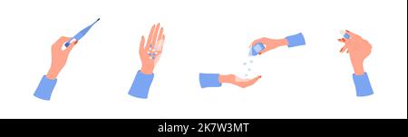 Pillole di tenuta della mano femminile. Concetto di sanità e medicina. Donna beve complesso di vitamine e minerali. Illustrazione vettoriale in stile cartoon piatto Illustrazione Vettoriale