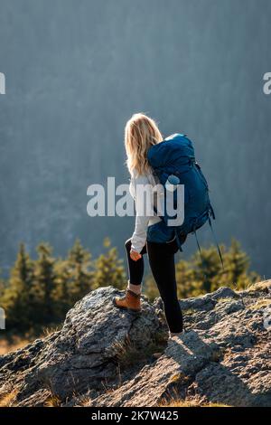 Donna escursionista con zaino in piedi sulla cima della montagna e guardando alla valle. Arrampicata turistica in natura Foto Stock