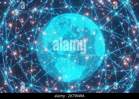 Terra di ologramma circondata da rete incandescente al neon. Illustrazione del concetto di comunicazione satellitare globale Foto Stock