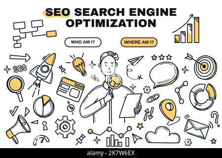 Concetto di analisi dei social media, gestione delle vendite e ottimizzazione del marketing digitale. Doodle icone della tecnologia seo, analisi statistica con grafici e grafici. Illustrazione del vettore di ricerca in linea. Illustrazione Vettoriale