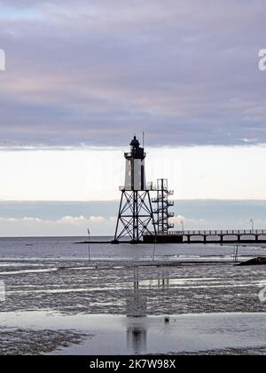 Faro Oberiversand nel basso Sassonia Wadden Mare al largo di Dorum-Neufeld, Germania Foto Stock