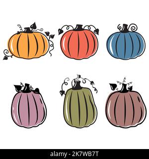 Set vettoriale di zucche arancioni isolate su sfondo bianco Illustrazione Vettoriale
